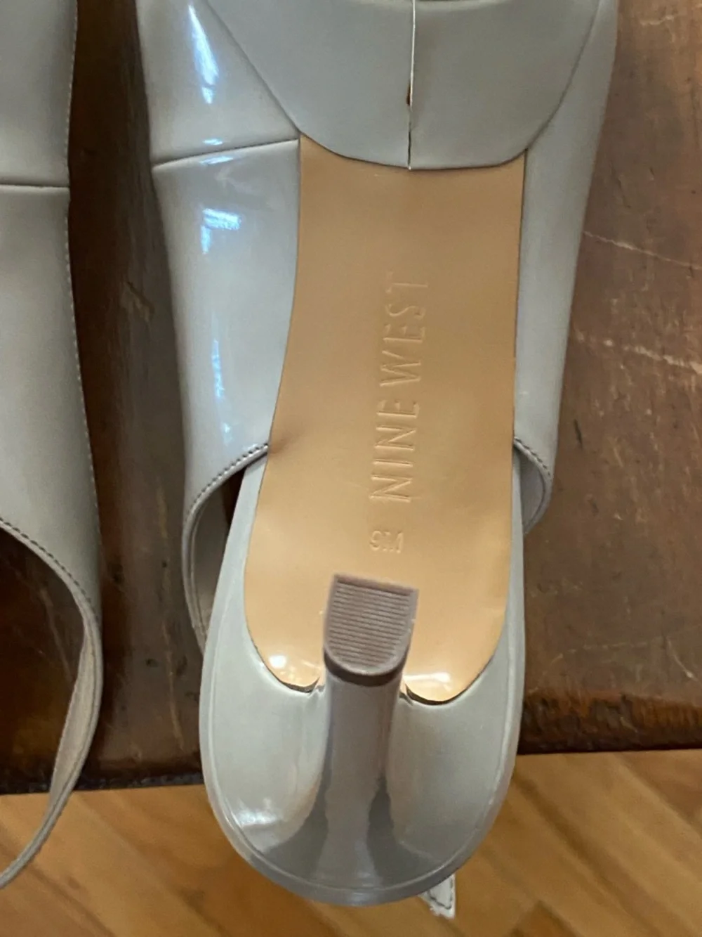 Nine West Taupe Patent Peep-Toe Slingback Heels - Picture 13 of 15